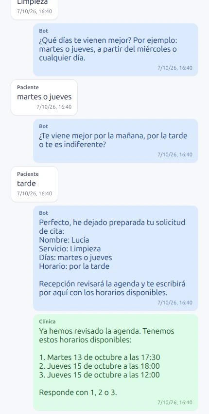 Conversación de WhatsApp en la que el asistente recoge nombre, tratamiento y horario preferido, y recepción responde con tres horarios.